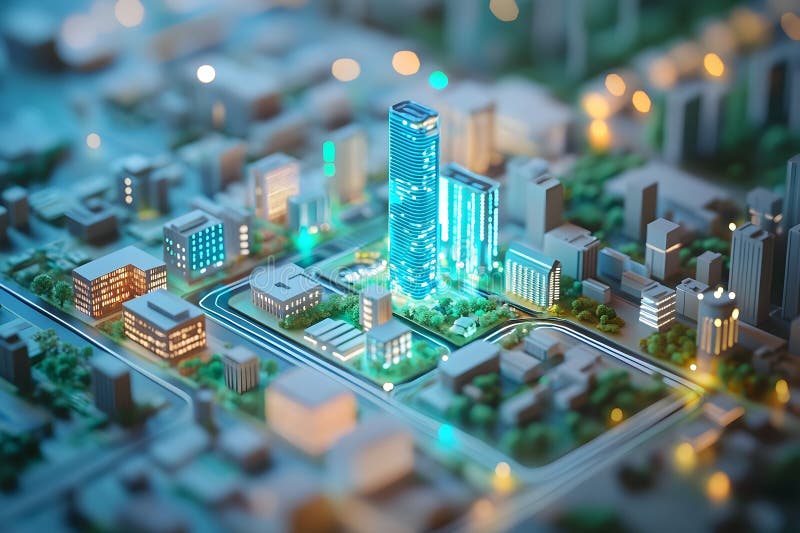 Framtida smart stadslandskap med skyskrapor, infrastruktur och teknisk innovation royaltyfri illustrationer