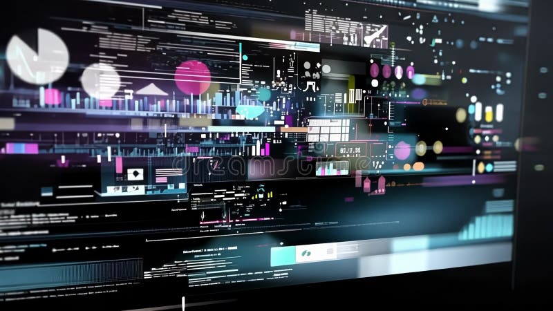Framtida transparent skärm som visar programmeringskod och dataanalysdiagram stock illustrationer