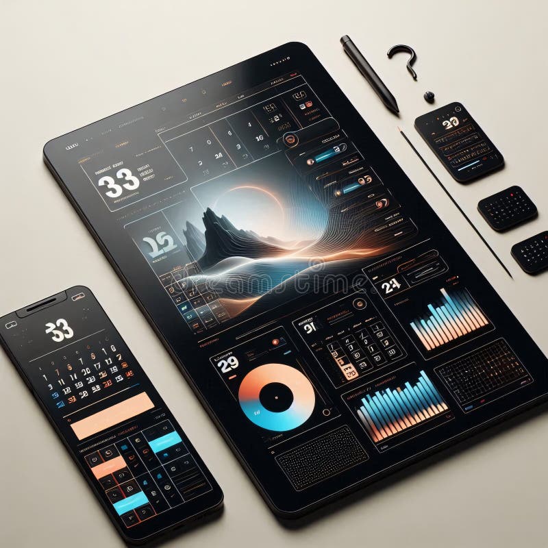 Framtida utformning av instrumentpanel på surfplatta och telefon vektor illustrationer