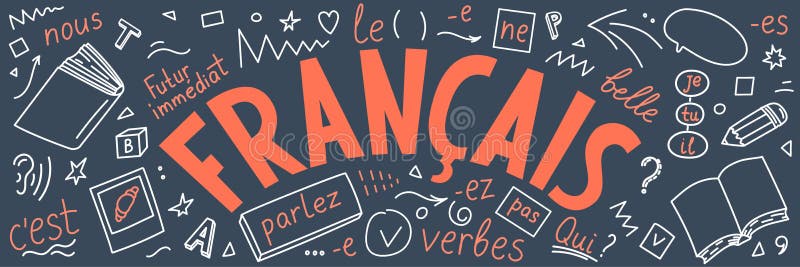 Francais Tradução: ‘Francês ‘ Garatujas tiradas mão e rotulação da língua francesa ilustração royalty free Francais Tradução: ‘Francês ‘ Garatujas tiradas mão e rotulação da língua francesa ilustração royalty free