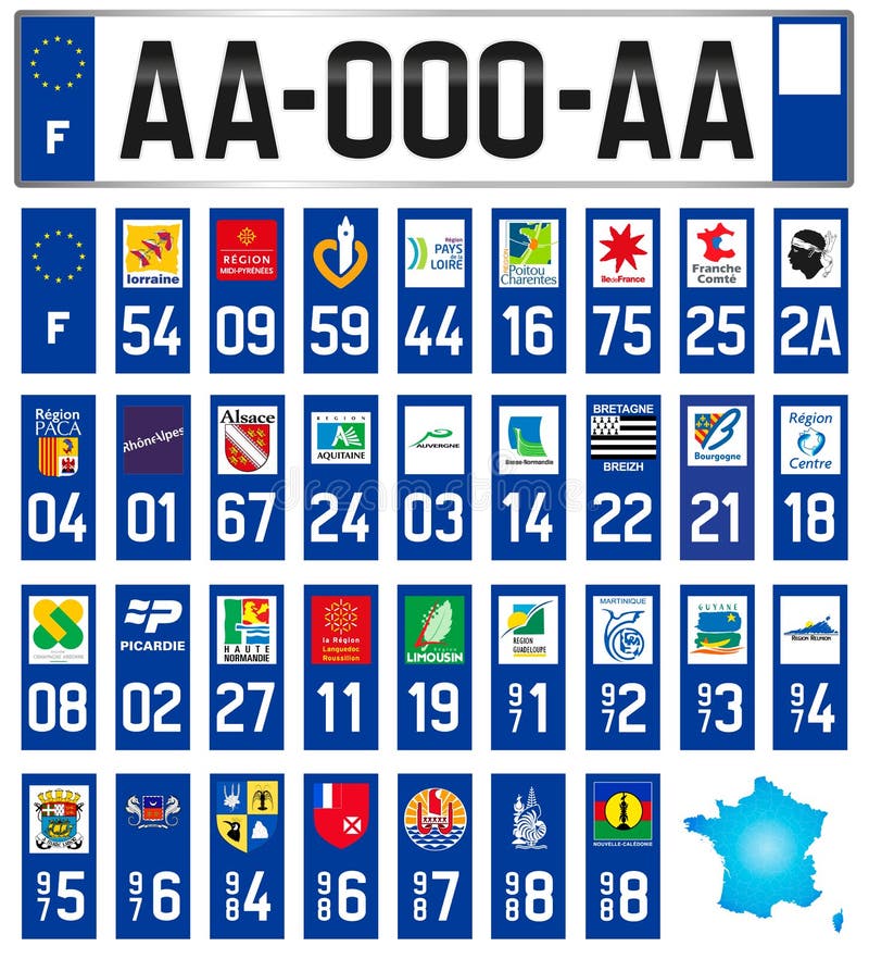 France, all French regional and departmental license plate labels