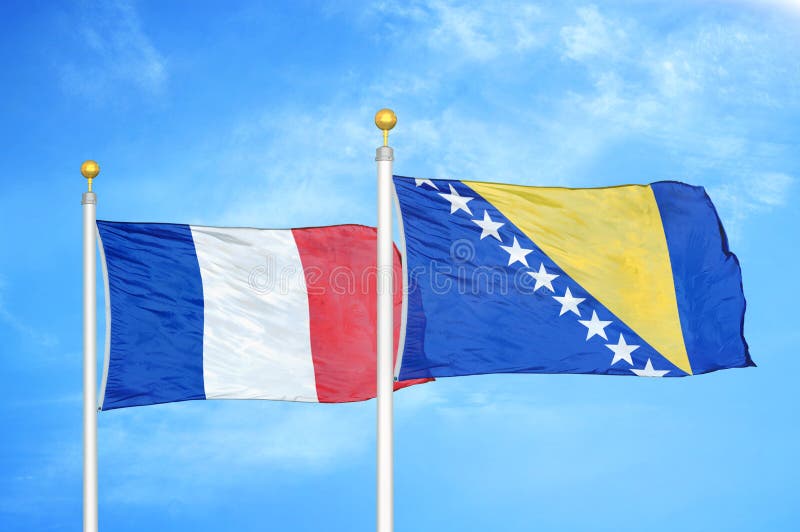 https://thumbs.dreamstime.com/b/france-bosnia-herzegovina-two-flags-flagpoles-blue-cloudy-sky-background-178645945.jpg