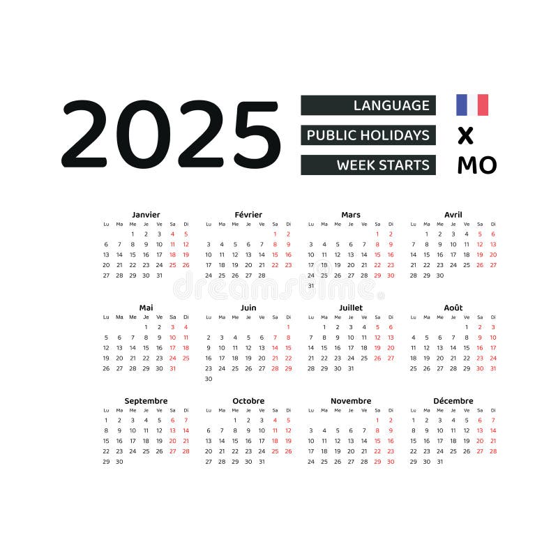 France Calendar 2025. Week Starts from Monday. Vector Graphic Design