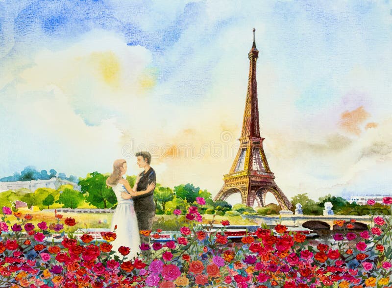 Couple In Love With Eiffel Tower From Paris Stock Vector - Illustration ...