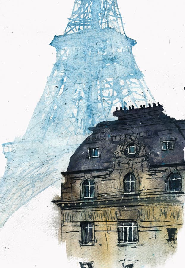 France old building and Eiffel Tower silhouette watercolor illustration