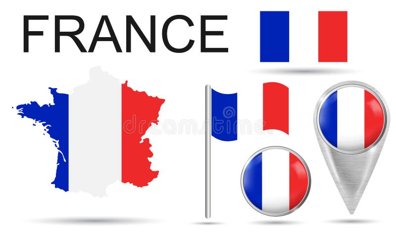 FRANCIA Bandera, puntero de mapa, botón, bandera ondulante, símbolo, icono plano y mapa de Francia en los colores de la bandera n libre illustration FRANCIA Bandera, puntero de mapa, botón, bandera ondulante, símbolo, icono plano y mapa de Francia en los colores de la bandera n libre illustration