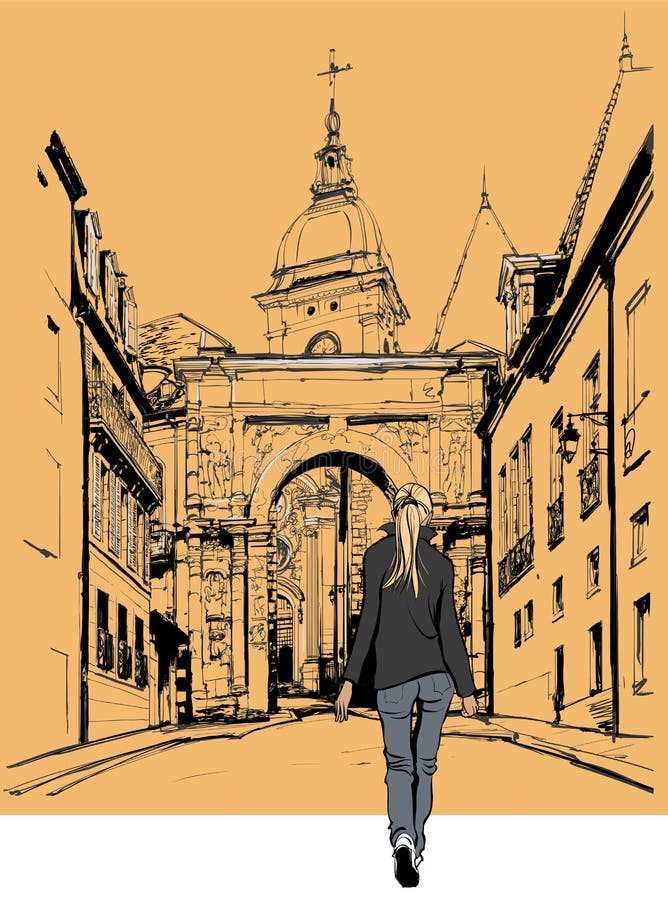 Woman strolling in an old city in France - Vector illustration. Woman strolling in an old city in France - Vector illustration