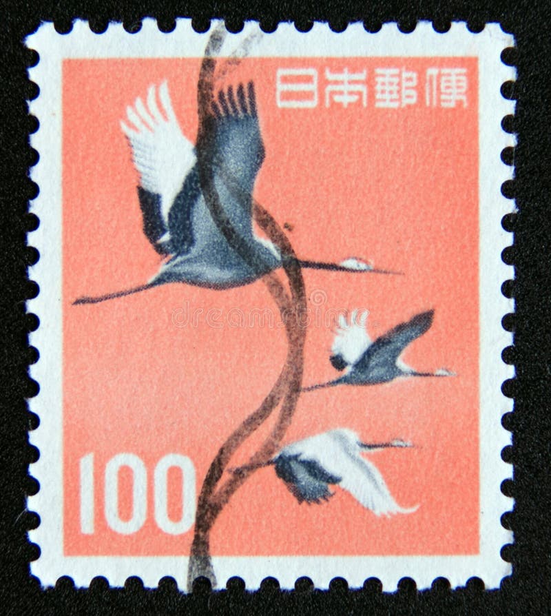 Post stamp printed in japan 1963. Red crowned cranes grus japonensis bird. Value 100 japanese yen. From the series nature in japan. Post stamp printed in japan 1963. Red crowned cranes grus japonensis bird. Value 100 japanese yen. From the series nature in japan.
