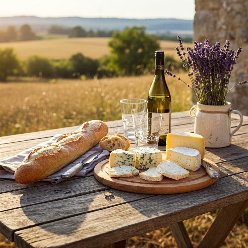 Francuski Stół Krajowy z Baguette Cheese i Lavender royalty ilustracja