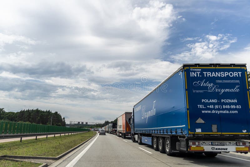 Frankfurt an der Oder, Germany - June 17, 2024: Lorrie Truck traffic jam on German Polish Autobahn royalty free stock image
