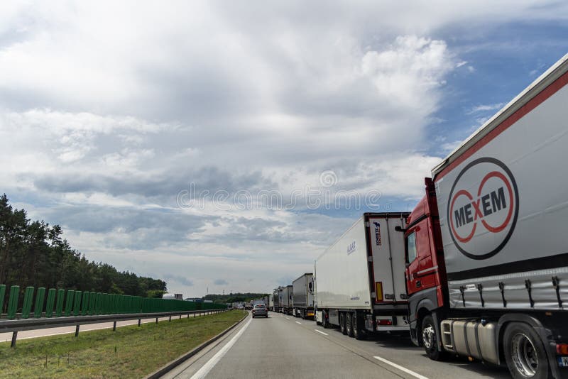 Frankfurt an der Oder, Germany - June 17, 2024: Lorrie Truck traffic jam on German Polish Autobahn royalty free stock images