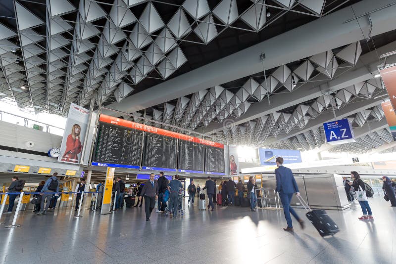 Frankfurt, Germany - November, 2018: Inside of Frankfurt Airport. Airport interior with a flight information board. Frankfurt