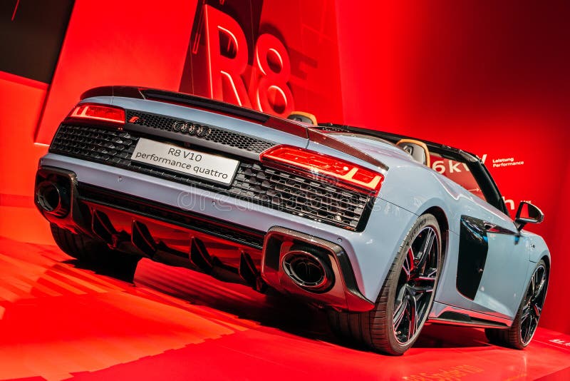 FRANKFURT, GERMANY - SEP 10, 2019: Audi R8 V10 performance quattro sports car showcased at the Frankfurt IAA Motor Show 2019