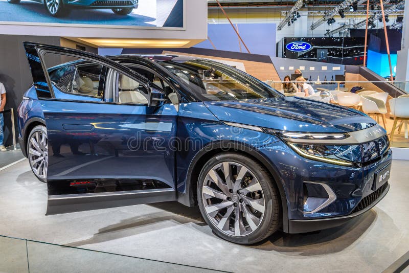 FRANKFURT, GERMANY - SEPT 2019: blue BYTON M-BYTE chinese SUV car, IAA International Motor Show Auto Exhibtion.