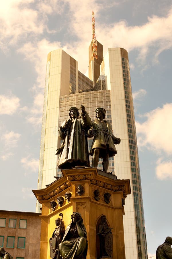 Frankfurt, Hesse, Germany - Gutenberg Memorial on Rossmarkt Square, in front of Commerzbank bank building