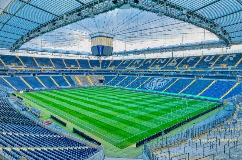 FRANKFURT AM MAIN, GERMANY - January 18, 2019 Empty football stadium Commerzbank Arena with closeable roof construction, home of football club Eintracht Frankfurt. FRANKFURT AM MAIN, GERMANY - January 18, 2019 Empty football stadium Commerzbank Arena with closeable roof construction, home of football club Eintracht Frankfurt