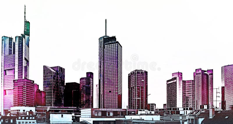 Frankfurt am main skyscraper city silhouette architecture illustratie kunst tekening duitsland bankdistrict bankenviertel