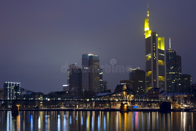 Skyline of the financial district of Frankfurt, Germany shown here at night. Skyline of the financial district of Frankfurt, Germany shown here at night.