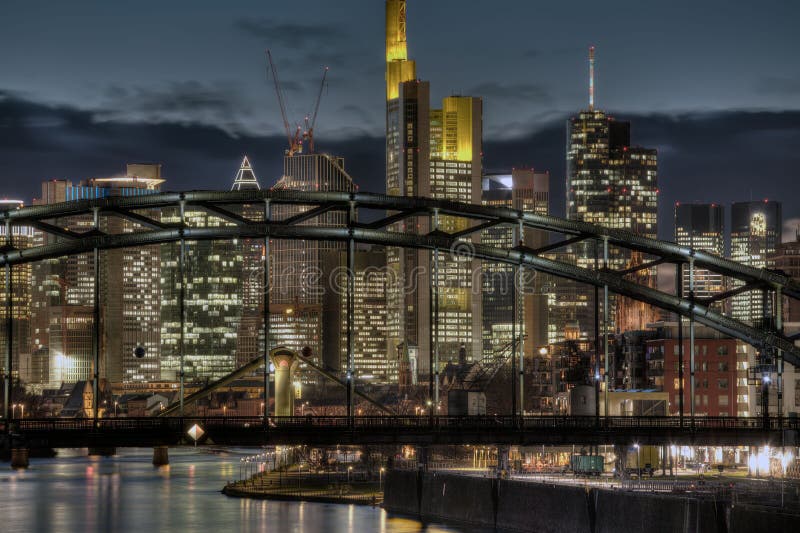 Frankfurt Skyline Through Bridge royalty free stock images