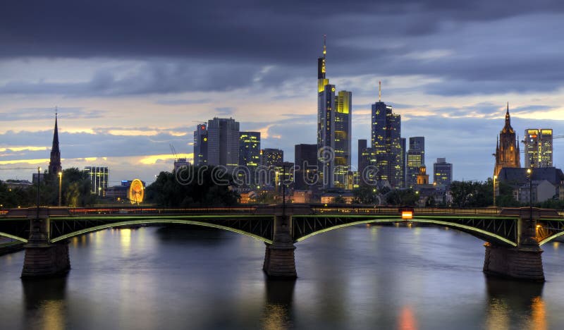 Frankfurt skyline at dusk royalty free stock images
