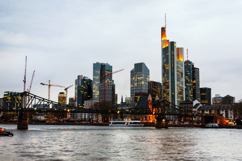 Frankfurt Skyline, Germany in the evening royalty free stock photos