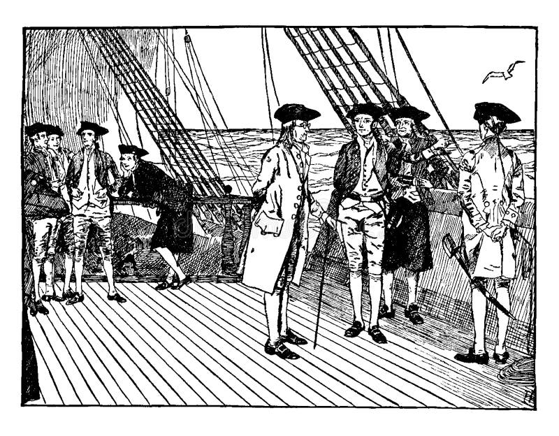 Benjamin Franklin on a ship on his way to France.,vintage line drawing or engraving illustration. Benjamin Franklin on a ship on his way to France.,vintage line drawing or engraving illustration