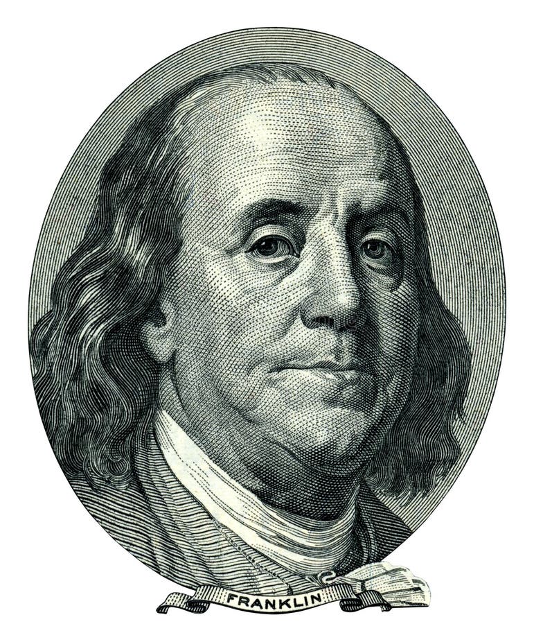 Portrait of U.S. statesman, inventor, and diplomat Benjamin Franklin as he looks on one hundred dollar bill obverse. Clipping path included. Portrait of U.S. statesman, inventor, and diplomat Benjamin Franklin as he looks on one hundred dollar bill obverse. Clipping path included.
