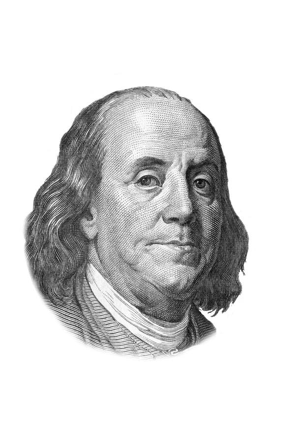 Benjamin Franklin portrait on one hundred US dollars banknote. Isolated on white. Black and white picture. Benjamin Franklin portrait on one hundred US dollars banknote. Isolated on white. Black and white picture.
