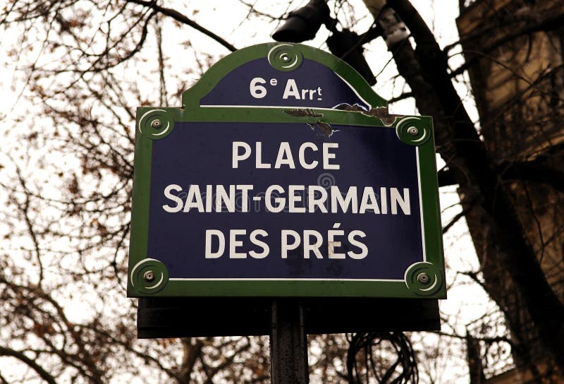 France, Paris:The Place of Saint Germain des Pres; dark blue street indication. France, Paris:The Place of Saint Germain des Pres; dark blue street indication