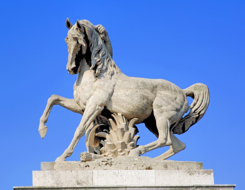 France, Paris: blue sky and a stone Equestrian statue in Trocadero. France, Paris: blue sky and a stone Equestrian statue in Trocadero