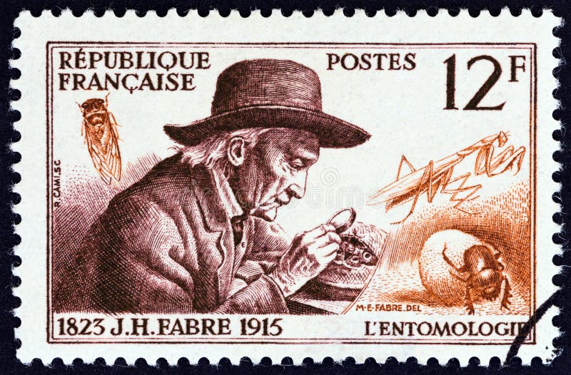 FRANCE - CIRCA 1956: A stamp printed in France from the `French Scientists ` issue shows entomologist Jean-Henri Fabre, circa 1956. FRANCE - CIRCA 1956: A stamp printed in France from the `French Scientists ` issue shows entomologist Jean-Henri Fabre, circa 1956.