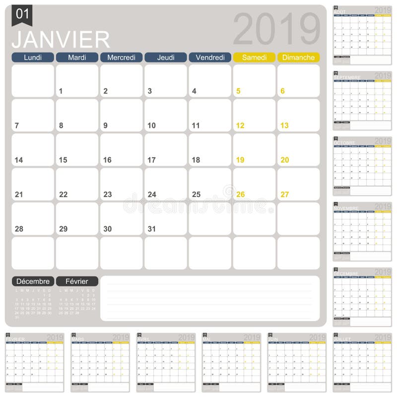 Franse planningskalender 2019 stock illustratie Franse planningskalender 2019 stock illustratie