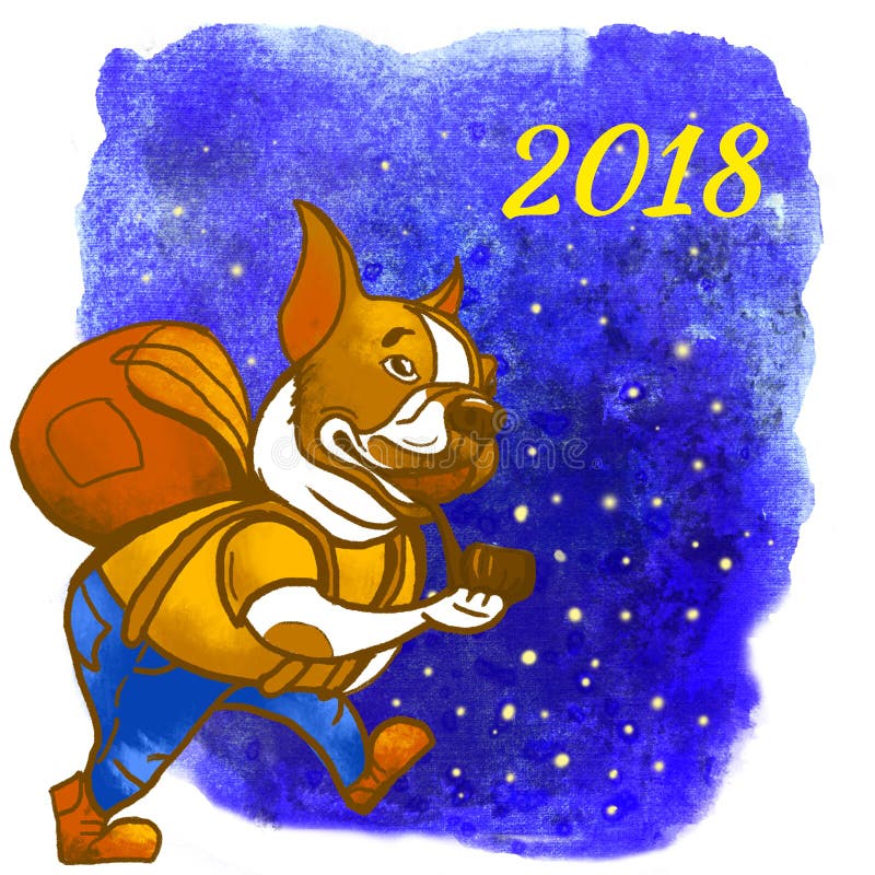 Franse van de de toeristenhond van de buldogreiziger Nieuwe het jaar 2018 illustratie Groetkaart van een hond Binnenlands huisdie royalty-vrije illustratie Franse van de de toeristenhond van de buldogreiziger Nieuwe het jaar 2018 illustratie Groetkaart van een hond Binnenlands huisdie royalty-vrije illustratie
