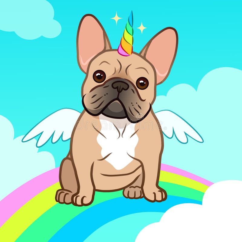 Fransk bulldogg för enhörning med den horn- och för vingvektortecknad film illustrationen Gullig bulldoggvalphund i himlen med re stock illustrationer