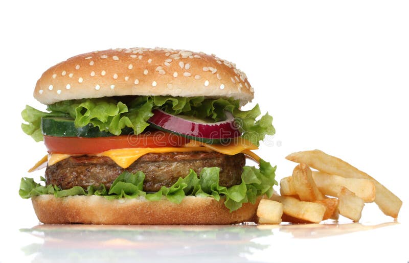 Tasty hamburger and french fries isolated on white. Tasty hamburger and french fries isolated on white