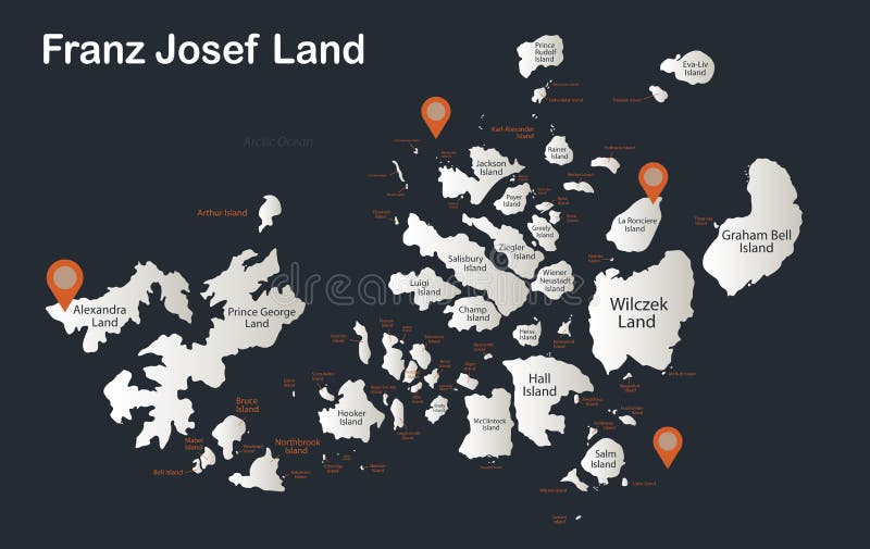 Franz josef land map infografic flache design farben schnee weiß mit namen einzelner regionen