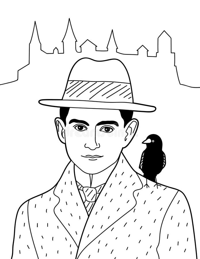Franz Kafka deutscher Schriftsteller mit jackdaw kavka tschechisch auf Schulter und Schlosshintergrund. lustige Kunst