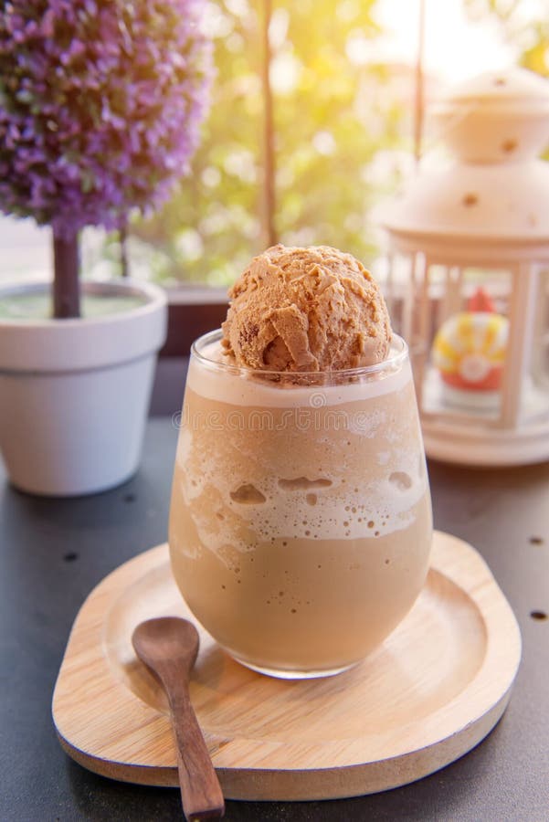 Frappe Mocha with Ice Cream in Glass at Coffee Cafe Stock Photo Image