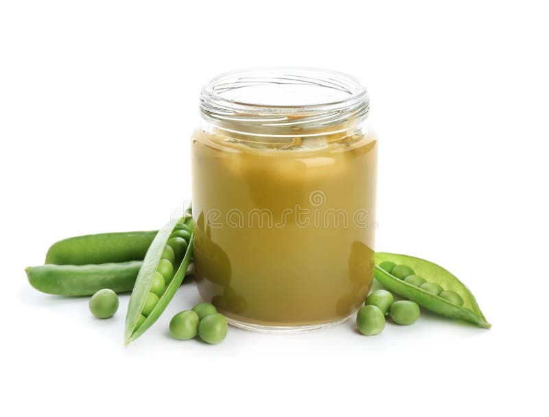 Frasco com comida para bebê saudável e as ervilhas verdes fotos de stock Frasco com comida para bebê saudável e as ervilhas verdes fotos de stock
