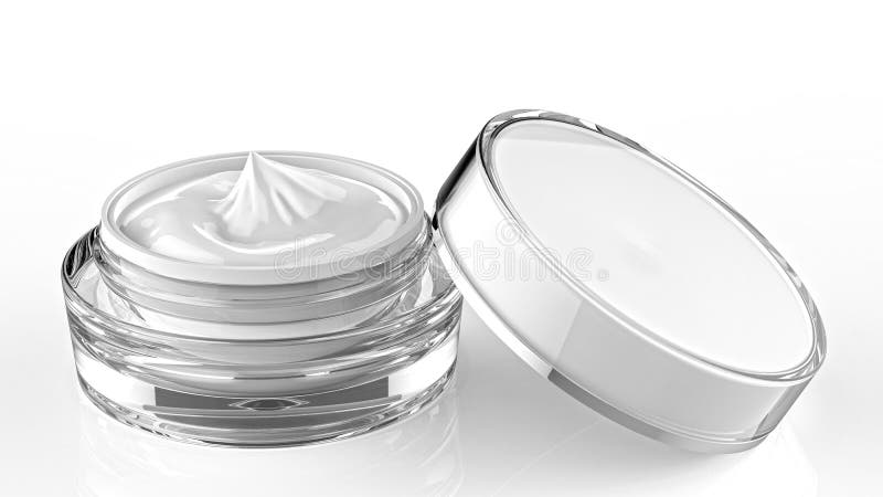 Frasco cosmético, recipiente acrílico dos cuidados com a pele com creme A tampa foi aberta 3d ilustram ilustração stock Frasco cosmético, recipiente acrílico dos cuidados com a pele com creme A tampa foi aberta 3d ilustram ilustração stock