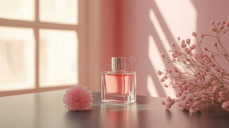 Frasco de perfume rosa elegante com flores na mesa iluminada pelo sol ilustração stock