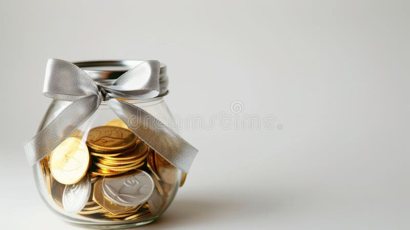 Frasco de vidrio con arco de plata lleno de monedas de fondo blanco libre illustration