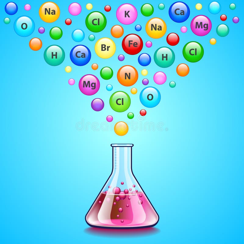 Frasco del laboratorio y muchas burbujas con los elementos químicos ilustración del vector Frasco del laboratorio y muchas burbujas con los elementos químicos ilustración del vector