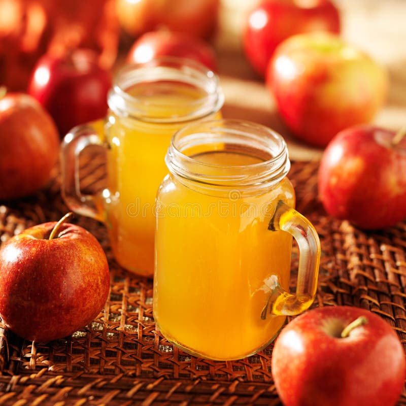 Frascos de pedreiro enchidos com a sidra de maçã quente imagem de stock Frascos de pedreiro enchidos com a sidra de maçã quente imagem de stock
