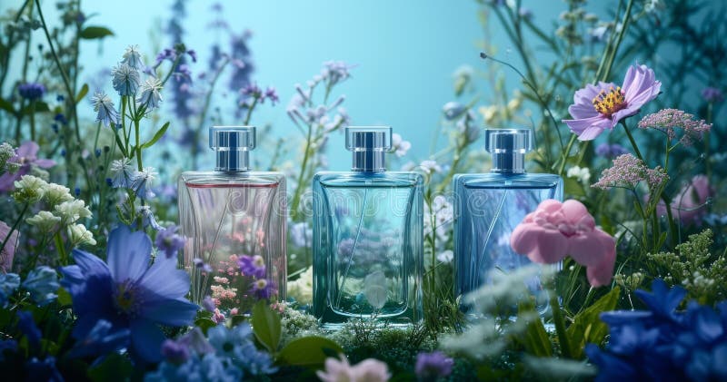 3 bottles of perfume on a blue background. AI Generative AI generated. 3 bottles of perfume on a blue background. AI Generative AI generated