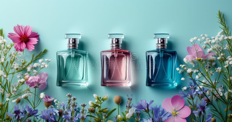 3 bottles of perfume on a blue background. AI Generative AI generated. 3 bottles of perfume on a blue background. AI Generative AI generated