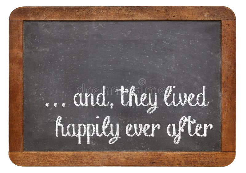 And, they lived happily ever after - stock phrase for ending oral narratives or fairytale on a vintage blackboard. And, they lived happily ever after - stock phrase for ending oral narratives or fairytale on a vintage blackboard