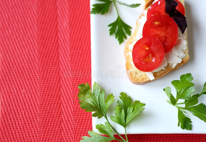 Frasigt rostat bröd med ost och tomaten på en vit platta arkivfoto Frasigt rostat bröd med ost och tomaten på en vit platta arkivfoto