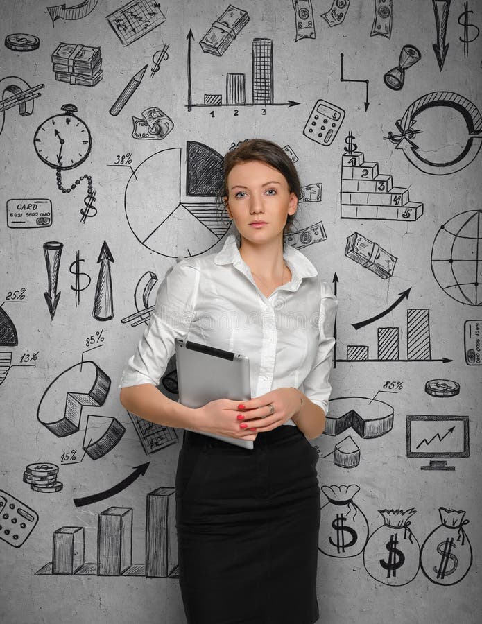 Young pretty woman in office cloth on concrete wall background with business sketches. Young pretty woman in office cloth on concrete wall background with business sketches