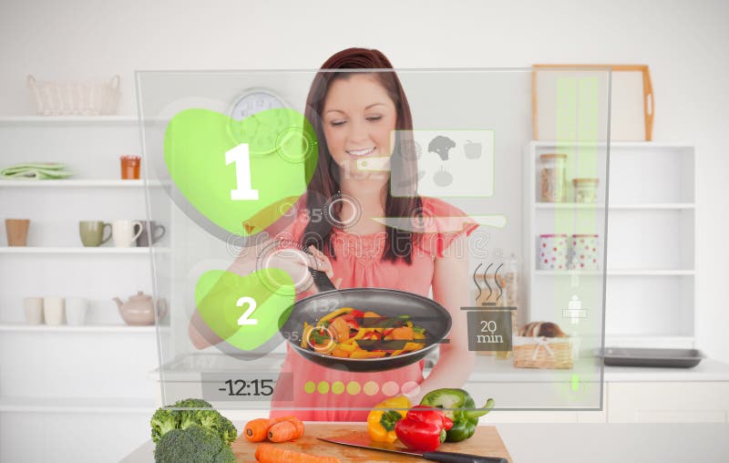 Frau, die Abendessen unter Verwendung der futuristischen Schnittstelle vorbereitet stock abbildung Frau, die Abendessen unter Verwendung der futuristischen Schnittstelle vorbereitet stock abbildung